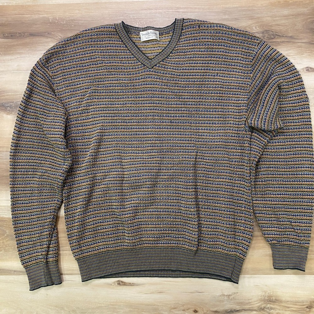 Tricots St Raphael Sweater XL V-Neck Knit Multi-Color Vintage Made in USA 80s